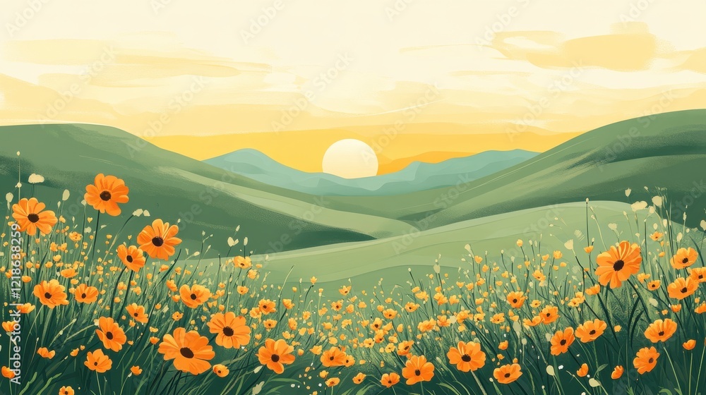 Fototapeta premium Sunrise over rolling hills with fields of yellow flowers in a scenic landscape