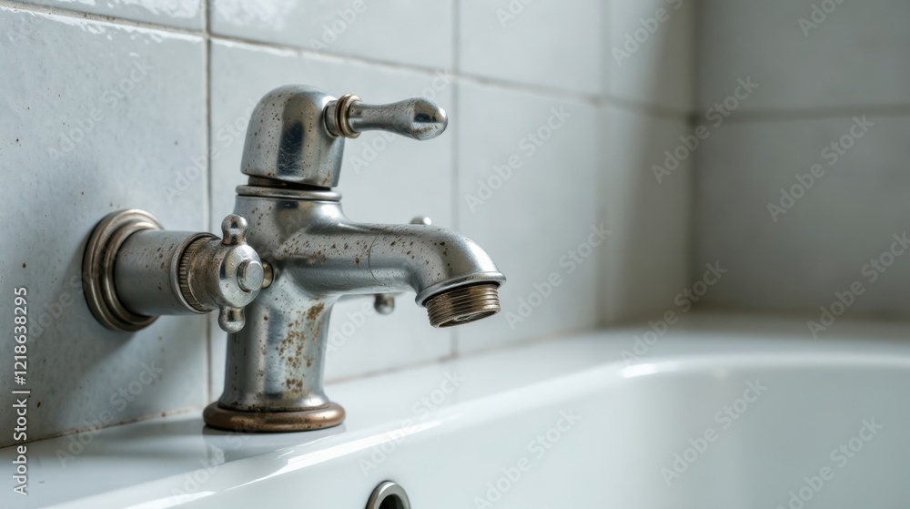 A close-up view of an aged metallic faucet with visible mineral deposits, mounted on a pristine white porcelain sink against a backdrop of subtly textured white tiles. A close-up view of an aged metallic faucet with visible mineral deposits, mounted on a pristine white porcelain sink against a backdrop of subtly textured white tiles.