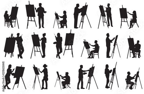Set of drawing artist silhouette vector illustration