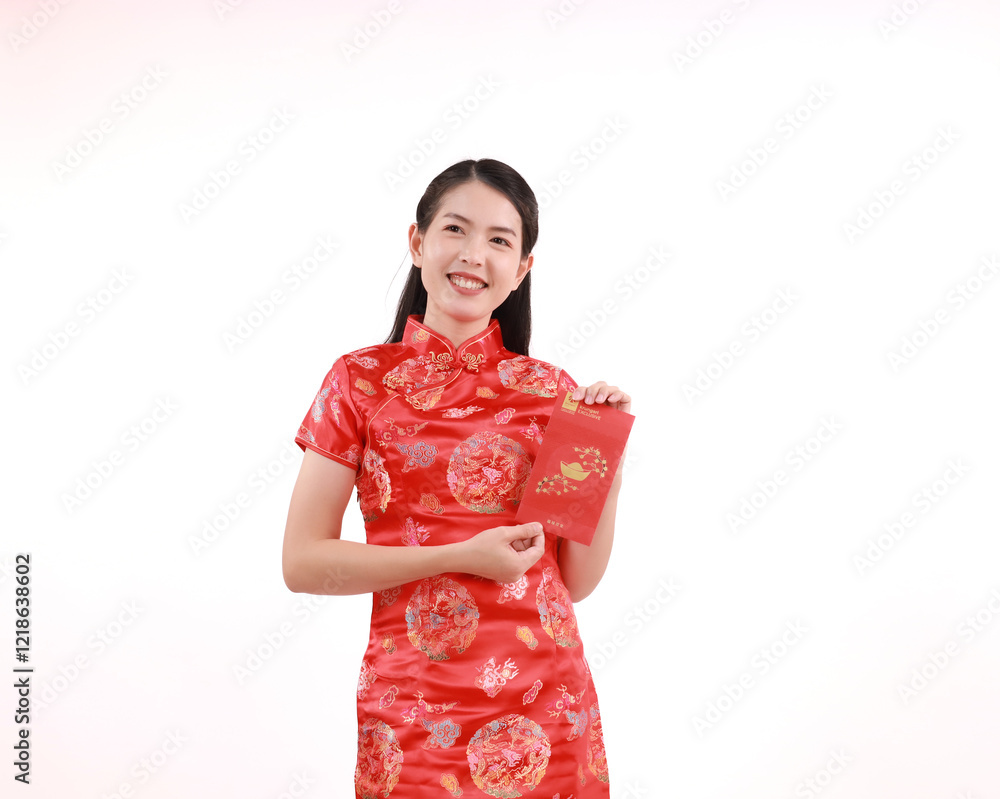 Happy Chinese New Year. Young woman in traditional cheongsam holding a red envelope with the words Happy Chinese New Year. Young woman in traditional cheongsam holding a red envelope with the words