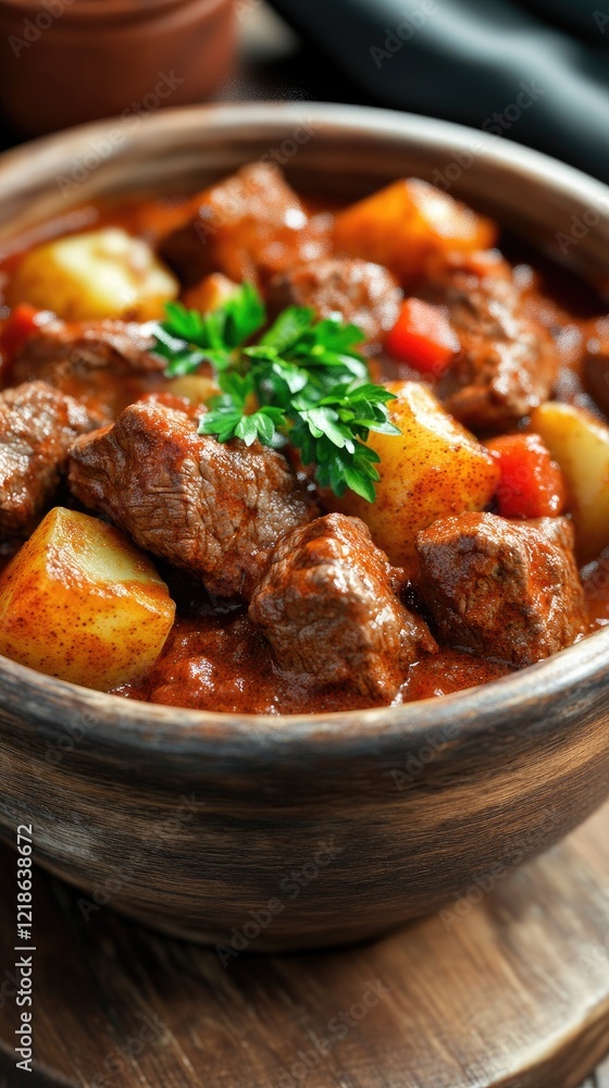 Beef stew, potatoes, peppers, wooden bowl, rustic kitchen setting, food photography Beef stew, potatoes, peppers, wooden bowl, rustic kitchen setting, food photography