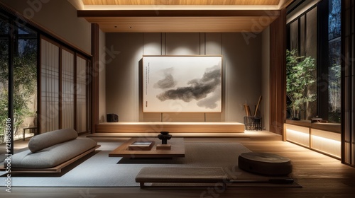 Wallpaper Mural A Serene, Minimalist Japanese-Style Living Room Bathed In Warm, Ambient Light.  Natural Wood And Neutral Tones Create A Peaceful Atmosphere. Torontodigital.ca