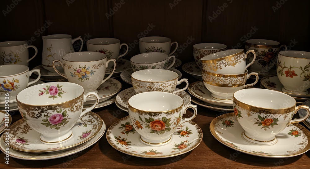 Fototapeta premium Vintage Floral Teacups Gold Trim Set Antique China Collection