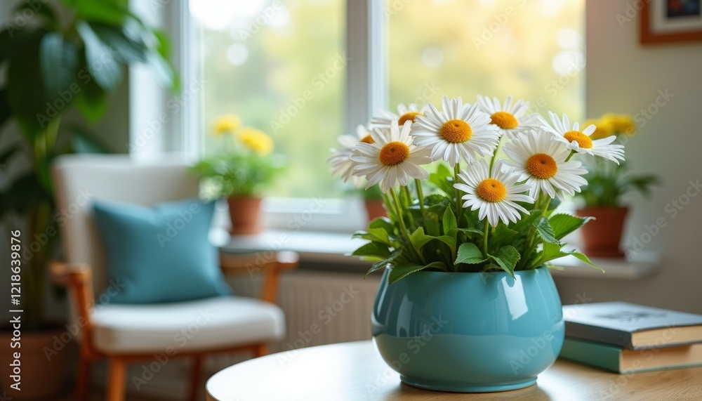 custom made wallpaper toronto digitalBright daisies in blue ceramic pot on table, cheerful ambiance