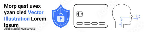 Shield with lock for digital security, credit card with chip for secure payments, and human respiratory system diagram. Ideal for cybersecurity, finance, health, technology, data protection, secure