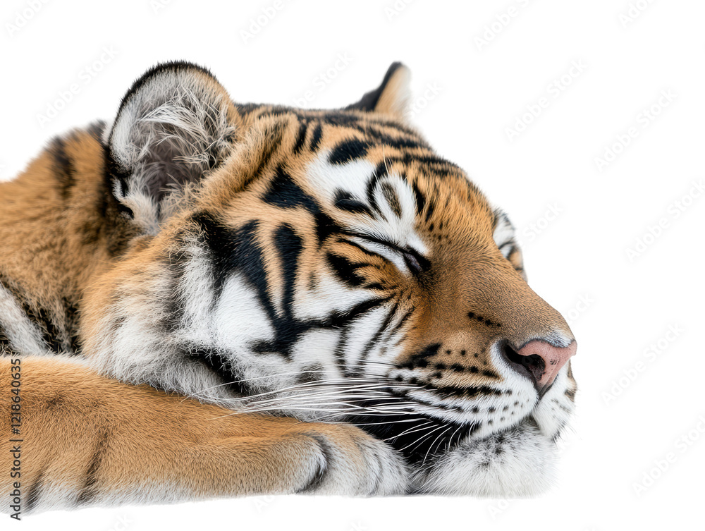 Fototapeta premium Isolated Sleeping Tiger Cub Head Close-up