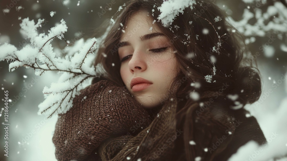 Winter serenity young woman embracing snowy landscape outdoor portrait tranquil atmosphere artistic viewpoint Winter serenity young woman embracing snowy landscape outdoor portrait tranquil atmosphere artistic viewpoint