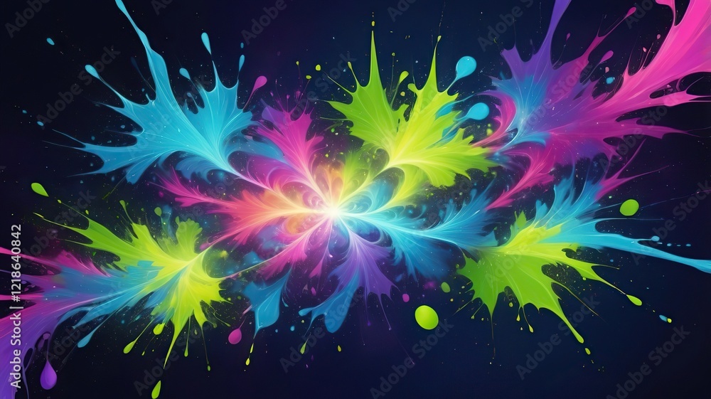 Bright, energetic paint splashes forming a galactic pattern with bursts of vivid cyan, lime green, and hot pink. The background features subtle fractal overlays and a smooth gradient from midnight blu Bright, energetic paint splashes forming a galactic pattern with bursts of vivid cyan, lime green, and hot pink. The background features subtle fractal overlays and a smooth gradient from midnight blu