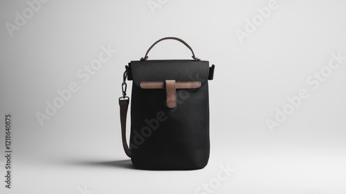 Black fabric handbag with leather accents and shoulder strap. photo