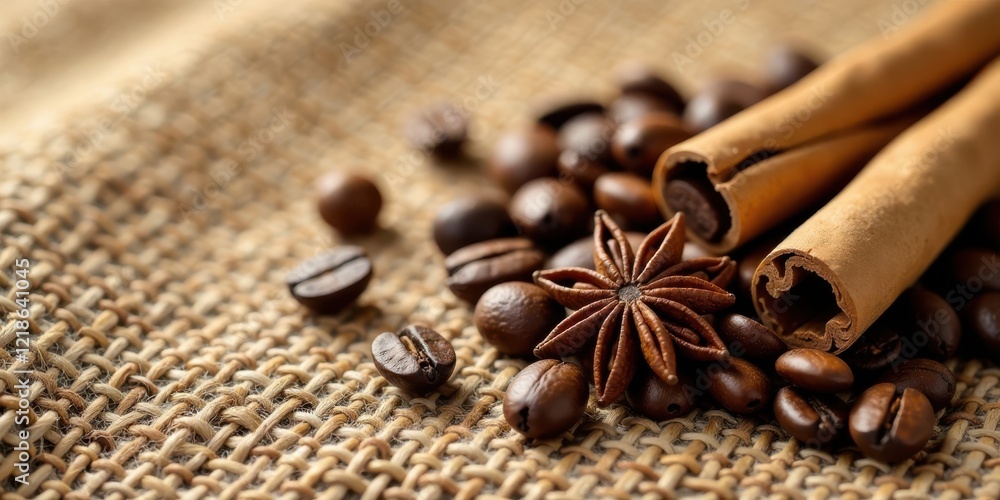 Aromatic Coffee Beans, Cinnamon Sticks, and Star Anise Resting on Rustic Burlap Aromatic Coffee Beans, Cinnamon Sticks, and Star Anise Resting on Rustic Burlap