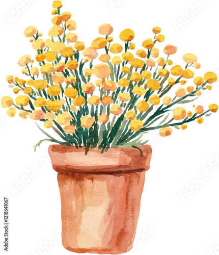 A watercolor painting of a mimosa in a pot on an isolated background