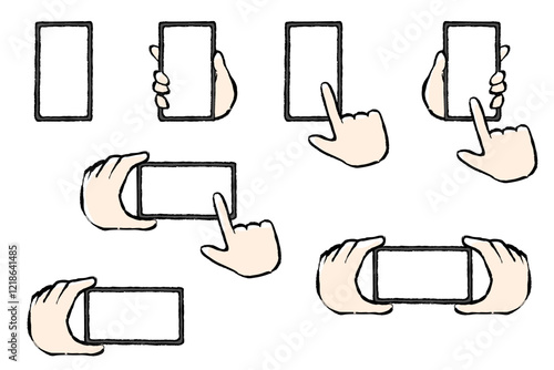 筆タッチのスマートフォンを操作する手のイラストセット