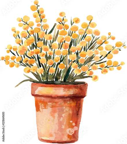 A watercolor painting of a mimosa in a pot on an isolated background