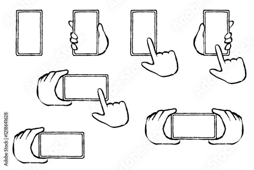 筆タッチのスマートフォンを操作する手のイラストセット