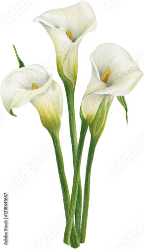 A watercolor painting of white callas on an isolated background