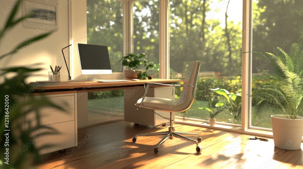 Sunlit Home Office with Garden View: A Serene Workspace Sunlit Home Office with Garden View: A Serene Workspace