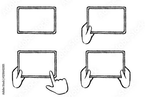 筆タッチのタブレットと手のイラストセット