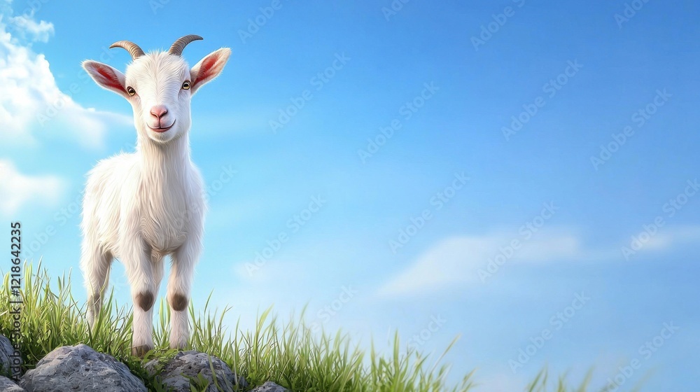 Fototapeta premium A playful goat standing on a rocky hillside, with its head tilted curiously, surrounded by lush green grass and a blue sky in the background