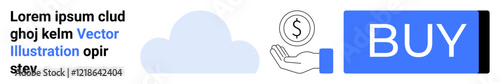 Cloud icon, hand holding coin, and prominent BUY button in blue. Ideal for e-commerce, cloud services, modern payment methods, online transactions, digital marketing, retail, and tech websites