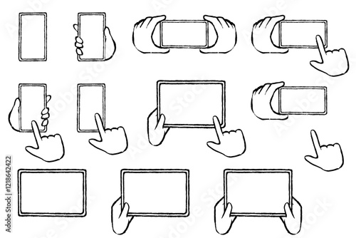 筆タッチのスマートフォンとタブレットと手のイラストセット