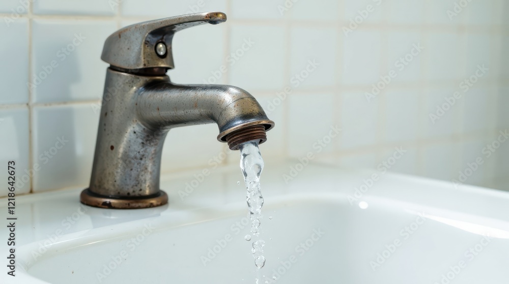 Close-up of an aged metallic faucet dispensing water into a pristine porcelain sink against a backdrop of subtle, light-colored wall tiles. Close-up of an aged metallic faucet dispensing water into a pristine porcelain sink against a backdrop of subtle, light-colored wall tiles.