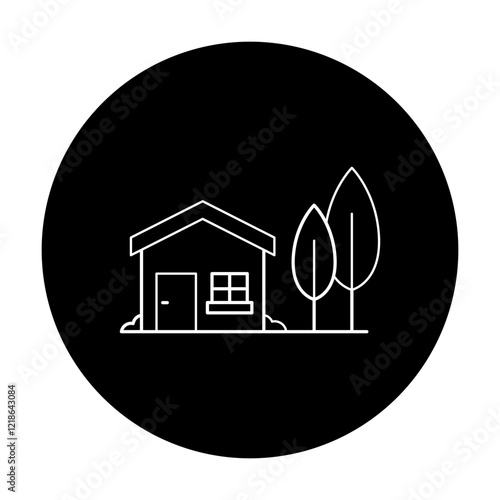 Cottage with Trees Icon. Rural Residence and Nature Living Illustration.