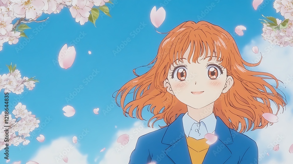 A Cheerful Girl Enjoying a Beautiful Day Under Cherry Blossom Trees