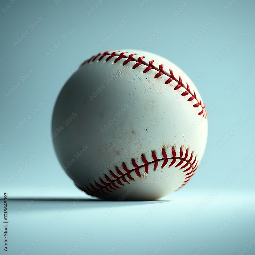 close-up of a white baseball, with the signature red stitching clearly visible on light blue background close-up of a white baseball, with the signature red stitching clearly visible on light blue background