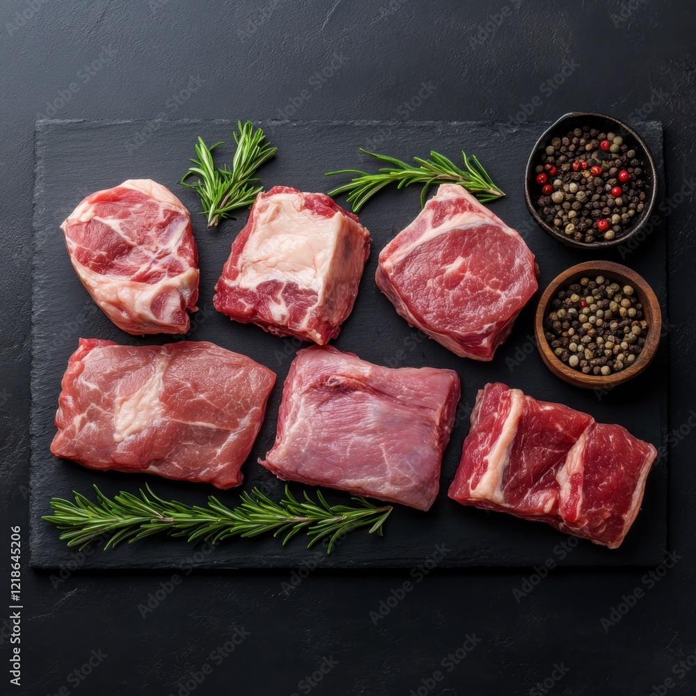 Pork cuts display culinary showcase food photography close-up meat quality Pork cuts display culinary showcase food photography close-up meat quality