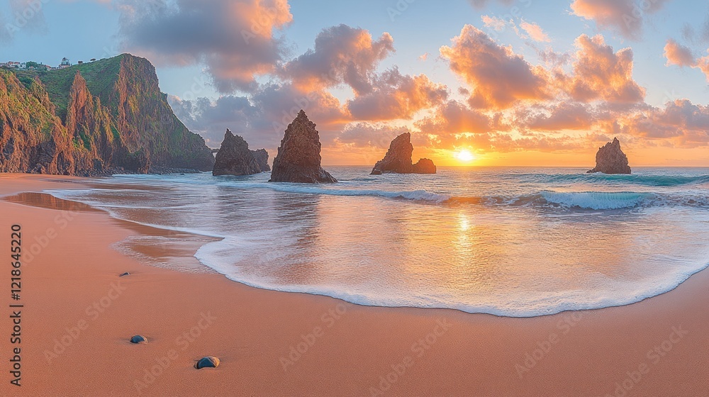 Fototapeta premium Dramatic sunset beach scene with coastal rocks