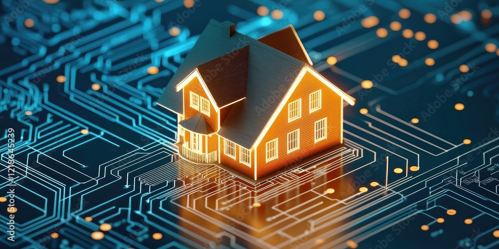 A miniature house illuminated on a digital circuit board background, symbolizing the intersection of technology and home automation. A miniature house illuminated on a digital circuit board background, symbolizing the intersection of technology and home automation.