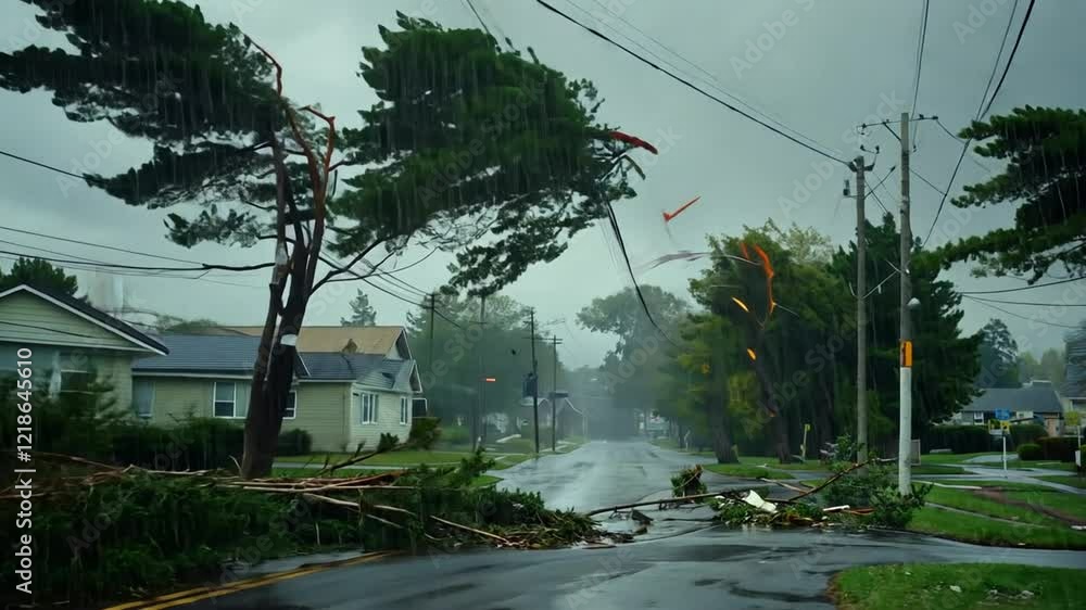 Storm damage trees down, power lines severed, residential street Storm damage trees down, power lines severed, residential street