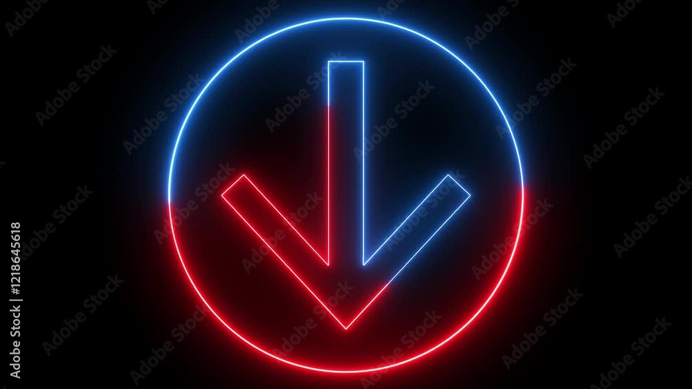 neon glowing red blue color direction down arrow icon animation signal road sign traffic signal animated sign symbol on black background 