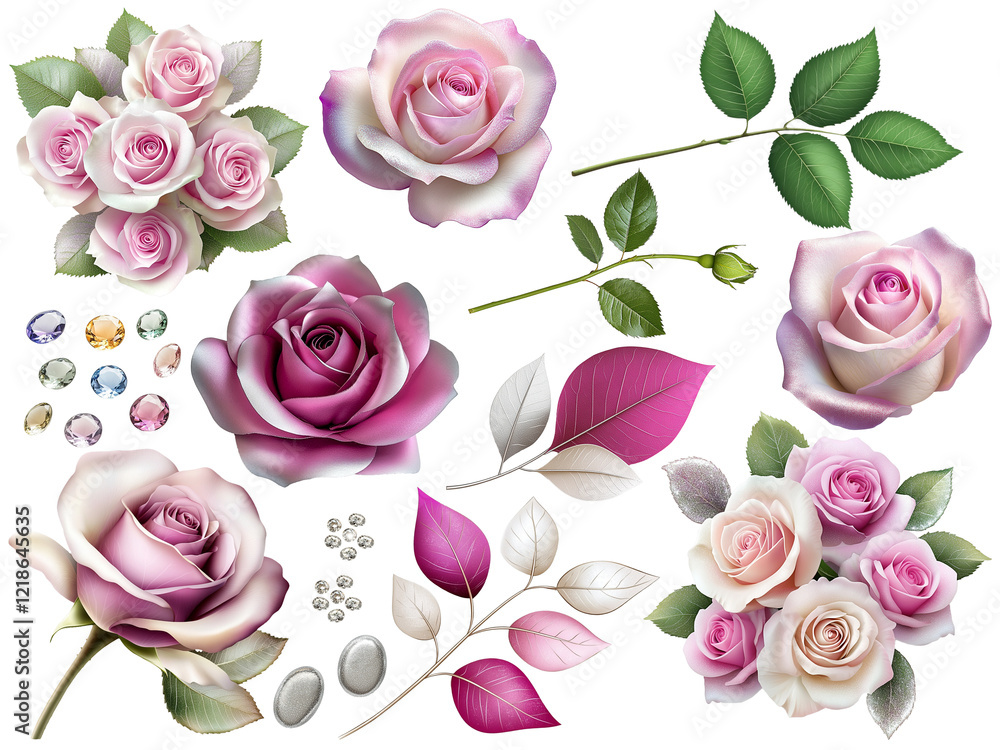 Rosa Rosen Clipart Set – Elegante PNG Freisteller für kreative Projekte