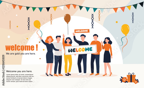 Vibrant welcome celebration illustration featuring a group of people with balloons, banners, and decorations.
 Perfect for events, greetings, invitations, teamwork, community, and festive designs.