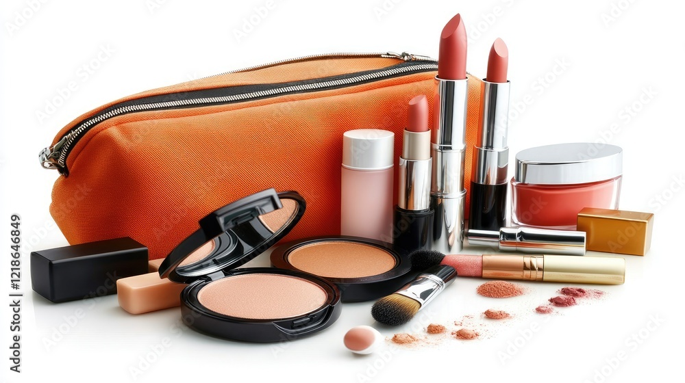 Brightly colored makeup bag with multiple items spilling out, including lipstick, mascara, and compact powder. Brightly colored makeup bag with multiple items spilling out, including lipstick, mascara, and compact powder.