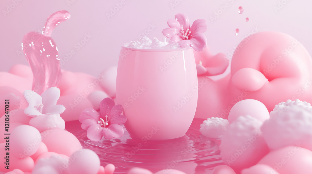 Pink cup with flowers in whimsical setting Pink cup with flowers in whimsical setting