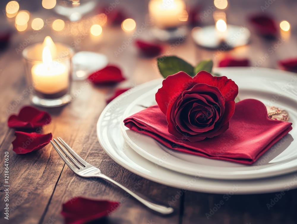 Romantic dinner, candlelight, rose, table setting, Valentine's Day Romantic dinner, candlelight, rose, table setting, Valentine's Day