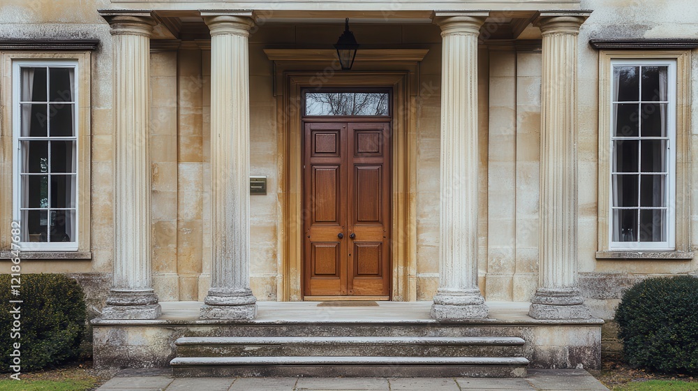 Naklejka premium A Grand, Old Building With A Classic Portico, Featuring Stone Columns, A Wooden Door, And Neatly Trimmed Bushes. The Scene Evokes A Sense Of Timeless Elegance And Quiet Dignity.