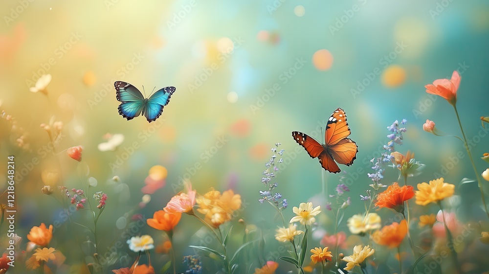 Butterflies flying over a field filled with colorful flowers - generated AI Butterflies flying over a field filled with colorful flowers - generated AI