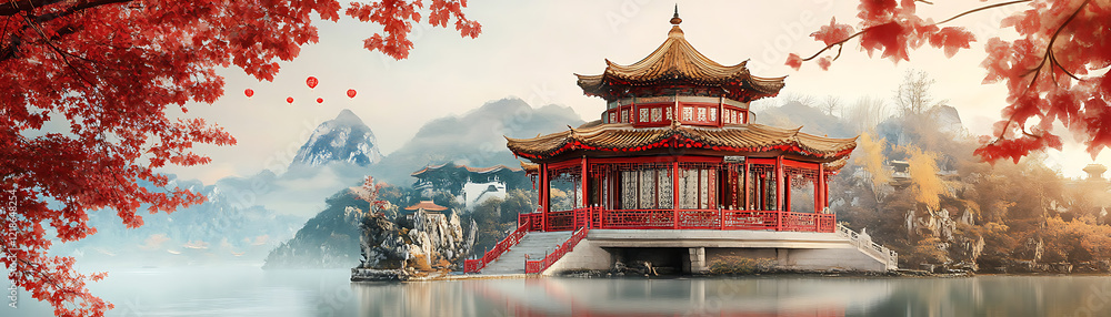 Beautiful red pavilion surrounded by autumn foliage and serene water reflections. Beautiful red pavilion surrounded by autumn foliage and serene water reflections.