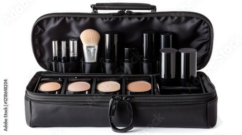 Neatly arranged makeup bag with a travel-friendly design, showcasing items like foundation and lip balm. photo