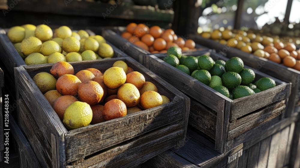 Open crates displaying fresh lemons, limes, and other citrus fruits. Open crates displaying fresh lemons, limes, and other citrus fruits.