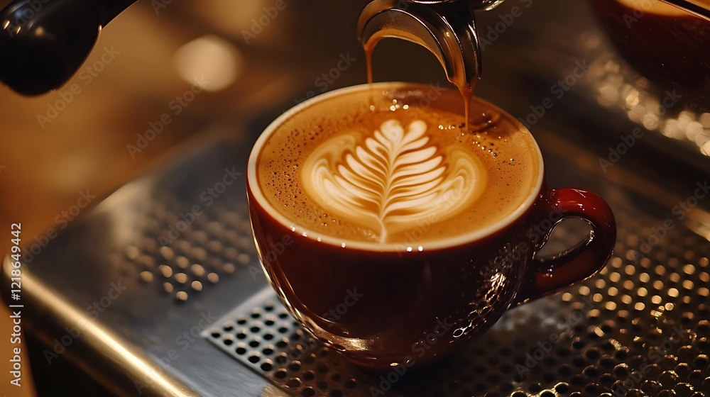 A close-up of a latte being poured into a cup with intricate latte art. A close-up of a latte being poured into a cup with intricate latte art.
