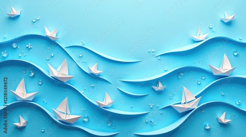 Paper Boats Sailing on Wavy Ocean Surface with Water Droplets and Delicate Flowers Paper Boats Sailing on Wavy Ocean Surface with Water Droplets and Delicate Flowers