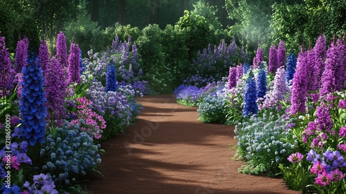 Charming garden with blooming flowers and a stone path - generated AI
