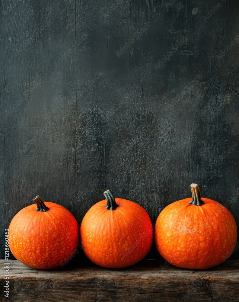 Three Vibrant Orange Pumpkins Arranged on a Rustic Wooden Shelf Against a Dark Textured Background Perfect for Autumn or Halloween Decor Three Vibrant Orange Pumpkins Arranged on a Rustic Wooden Shelf Against a Dark Textured Background Perfect for Autumn or Halloween Decor