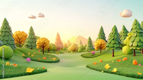 Fototapeta Naklejka Na Ścianę i Meble -  Colorful cartoon landscape with trees and hills