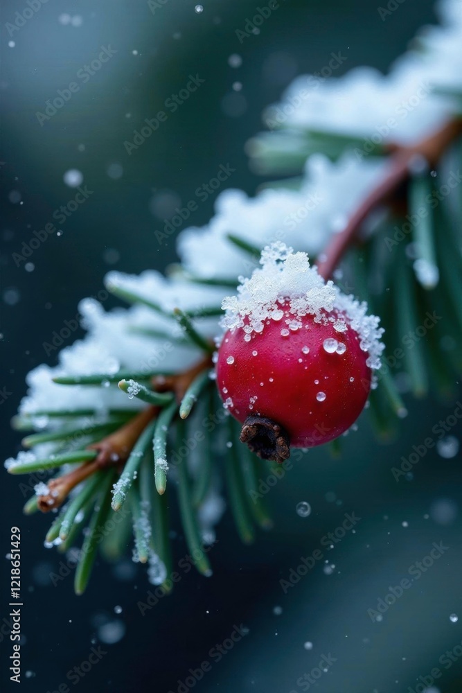 A delicate snowflake settles upon the icy surface of a pine branch, where a frozen rowan berry gleams, rowan berries, frosty moment A delicate snowflake settles upon the icy surface of a pine branch, where a frozen rowan berry gleams, rowan berries, frosty moment