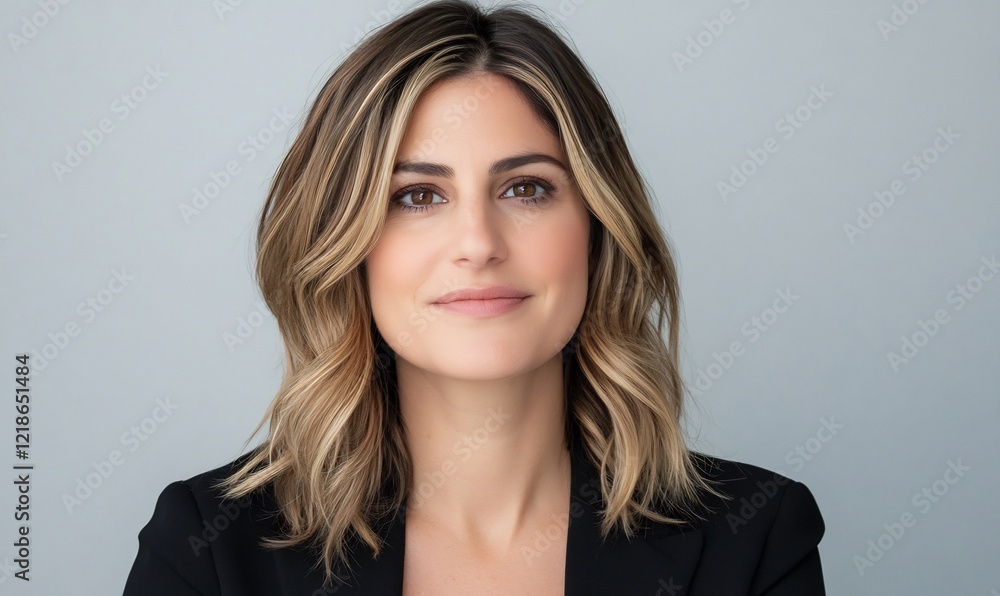 Professional headshot of a confident woman with stylish hair against a neutral backdrop Professional headshot of a confident woman with stylish hair against a neutral backdrop